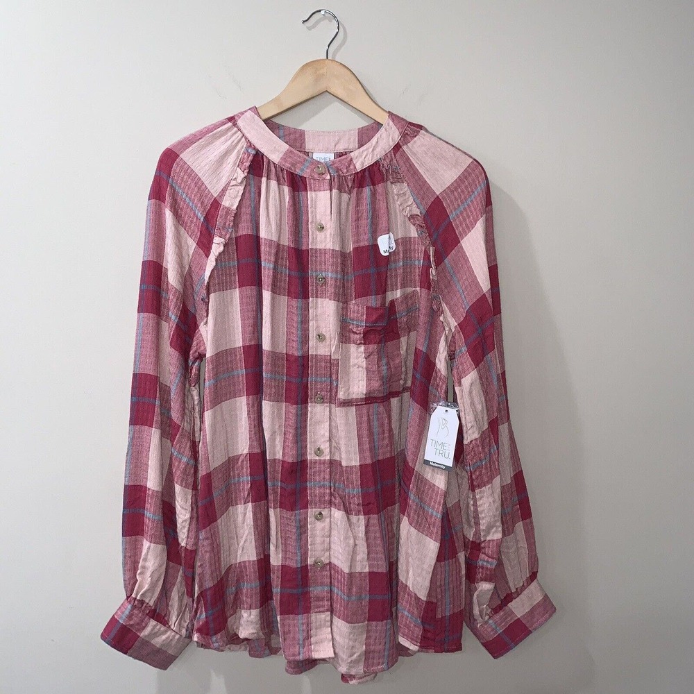 Time and Tru Maternity Blouse Sz L (10/12) Pink Plaid Button Long Sleeve Top